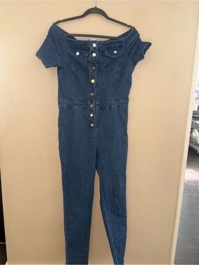 Off-Shoulder Dark Blue Denim Jumpsuit